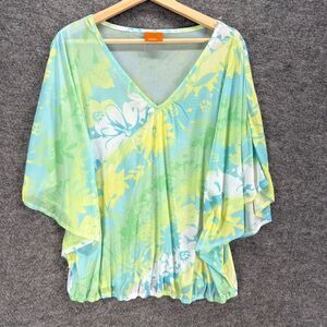 Hearts Of Palm Blouse Women M Medium Blue Floral 3/4 Sleeve V-Neck Casual